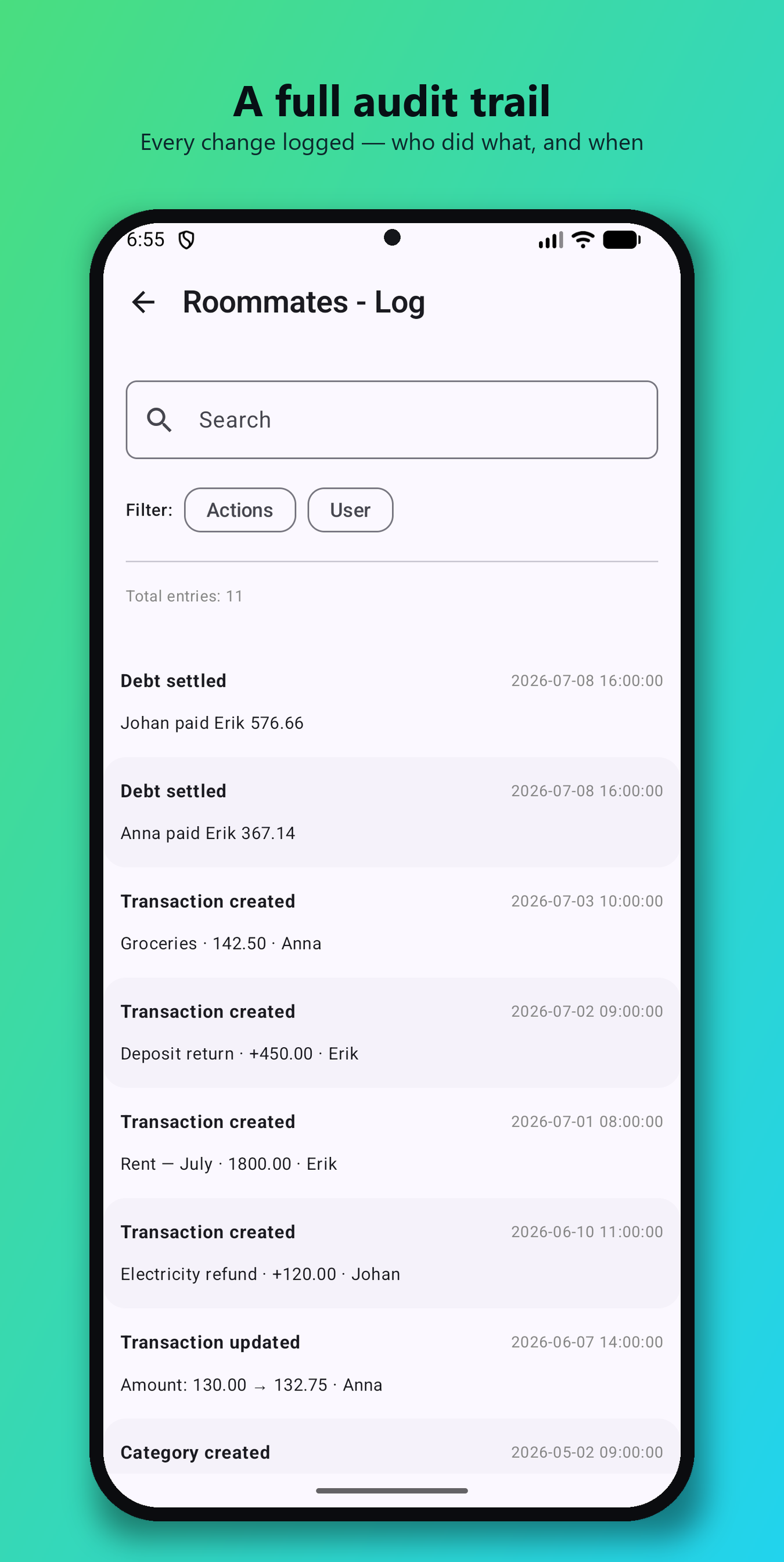 Xpendster audit log